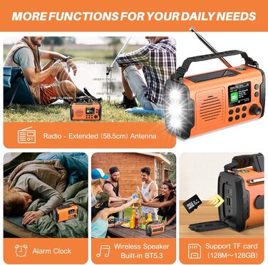 Радіо з ручним приводом DAB FM, 20000mAh, Радіо для надзвичайних ситуацій з сонячною панеллю, Bluetooth, годинник, зарядний пристрій для телефону, ліхтарик, компас SOS, радіо виживання (Помаранчевий)