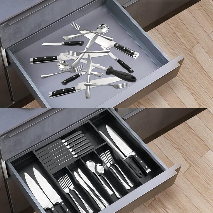 VaeFae Bamboo Cutlery Drawer Organizer Kitchen, Expandable Utensil Organizer with Knife Block, Cutlery Box with Divider, Multifunctional Wooden Drawer Organizer (Black).
