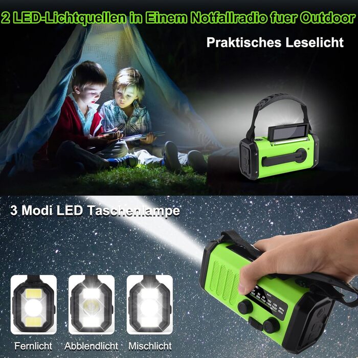Радіо на сонячній енергії з ручним заводом Solar Radio AM/FM, Powerbank 20000 mAh, LED ліхтарик, SOS сигнал, USB-C зарядка для телефону, зелений