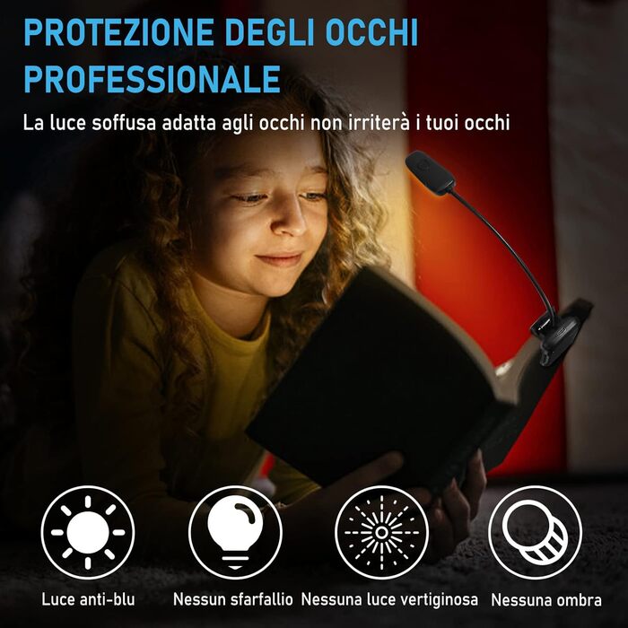LED-лампа Diboniur для читання з кліпсою, 9 світлодіодів, 3 режими кольору та 3 рівні яскравості, USB-зарядка, гнучка на 360°, для книг в ліжку, енергоклас A+++