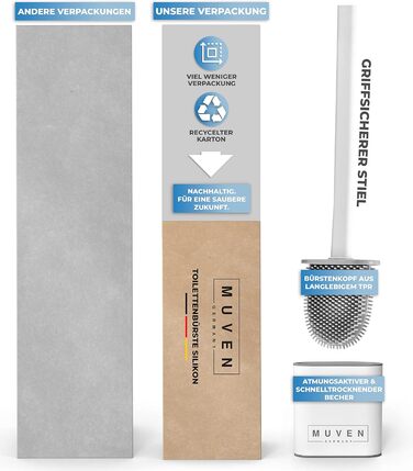 Силіконова щітка для унітазу MUVEN® з плоскою та гнучкою насадкою, швидковисихаючий тримач та гумові виступи - щітка для унітазу на стіну без свердління (білий, матовий)