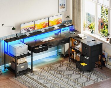 Ігровий стіл Coleshome з 7 висувними ящиками та великим об'ємом зберігання, 199.5×145.5 см, кутовий стіл з RGB LED підсвічуванням, реверсивний L-подібний стіл з 2 розетками, ідеальний для офісу та геймінгу, чорний, 199.5×145.5 см