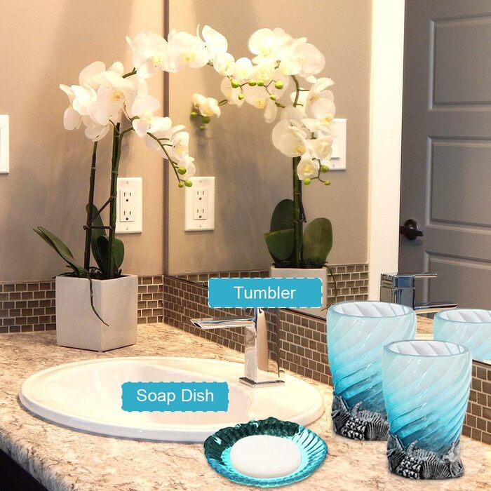 Набір аксесуарів для ванної кімнати на 5 предметів: мильниця, дозатор мила, стакан, тримач для зубних щіток – полірезин/скло, для дому, офісу, готелю