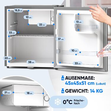 Міні-холодильник Stillstern E 45 л з автоматичною відтавкою, замком, морозильною камерою, тихий, для кухні, офісу, спальні, готелів та маленьких квартир. Холодильник міні, мінібар R600A, срібний