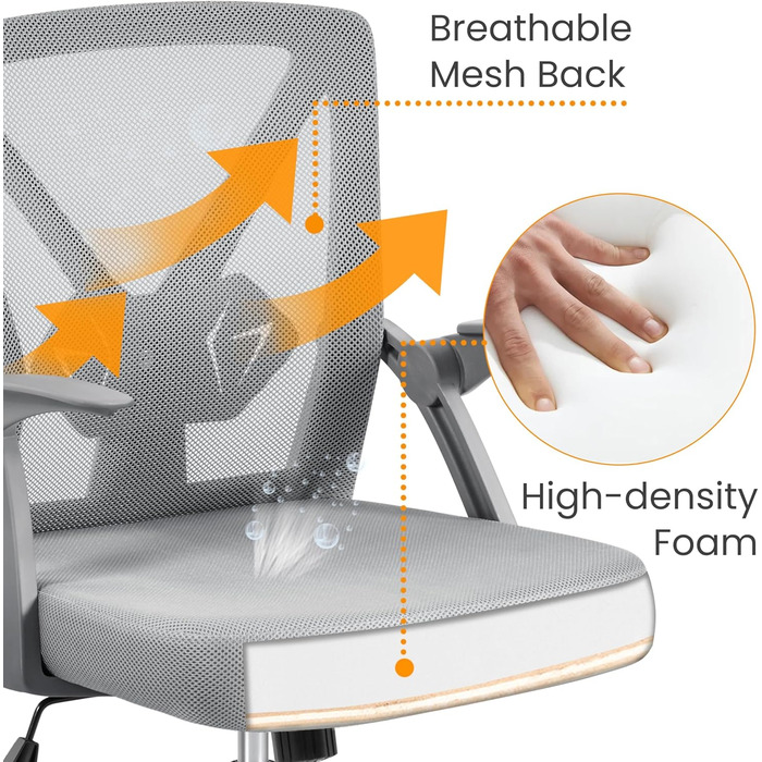 Офісне крісло Yaheetech з підйомними підлокітниками, сітчасте, ергономічне, з регулюванням поперекової підтримки, функцією гойдання та регулюванням висоти, сіре