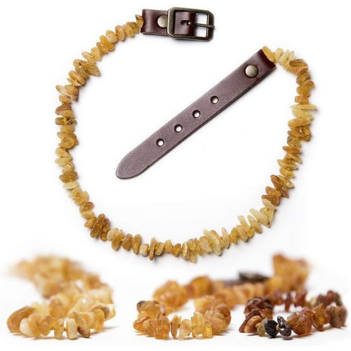 Намисто з бурштину для собак ChronoBalance® - нашийник з натурального бурштину з регульованою шкіряною застібкою, розміри для маленьких та великих собак, без хімії (40-45 см)