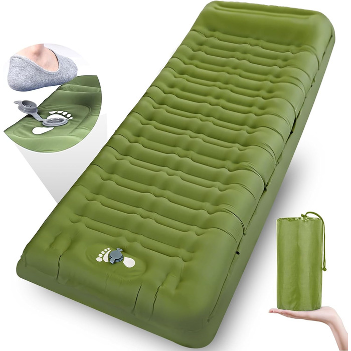 Airminti Self-Inflating Camping Mat - 12cm Thick, Lightweight Air Mattress with Foot Pump & Pillow - Outdoor Sleeping Pad for Camping, Trekking, Beach & Festival - Compact, Army Green
