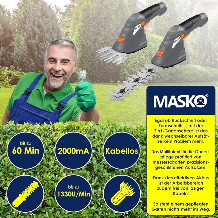MASKO® Акумуляторні ножиці для трави та кущів 7,2V 2000мА·год, електричний садовий секатор, телескопічна ручка 90-130 см, колеса, зарядний пристрій, рукавички, ножі для трави і кущів
