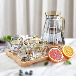 DUJUST Glass Giraffe Decanter with Lid, 2 Liter, with 4 Cups, 1 Tray, Water Pitcher in Modern Black Diamond Design, Decoration for the Living Room, Heat-Resistant Glass Carafe Pitcher for Iced Tea/Milk/Coffee