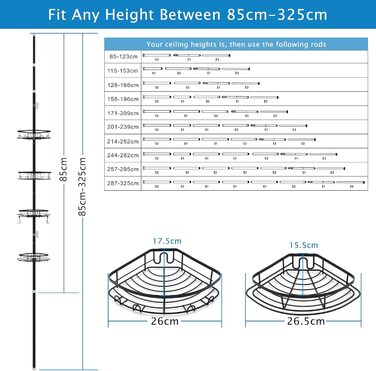SWOYYU Telescopic Shower Shelf No Drilling Corner Shelf Metal Corner Shelf Bathroom Shelf Adjustable Height with 4 Baskets for Bathtub and Bathroom Rustproof 85-325CM Black