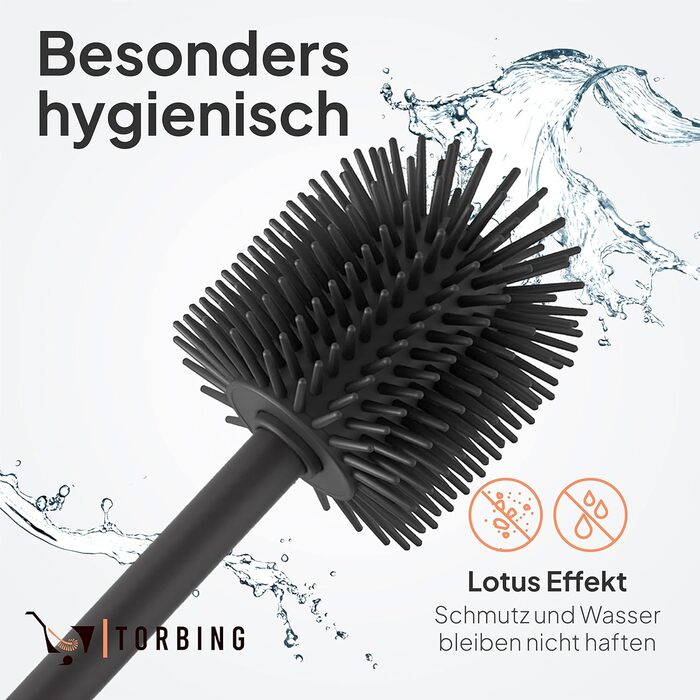 Торбінг Дизайн Туалетний Щітка з Нержавіючої Сталі - Якісна Щітка з Закритим Тримачем - Силіконова Щітка з Ефектом Лотоса - Сучасний Дизайн - Елегантні Кольори - Подовжений Рукоятка (Чорний Матовий Вугільний)