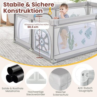 DREAMADE 200 x 140 cm Baby Playpen, Playard with 50 Balls & Carry Bag, Crawling Fence for Children for Indoor & Outdoor Use (Gray Underwater World, without mattress) Gray Underwater World without mattress