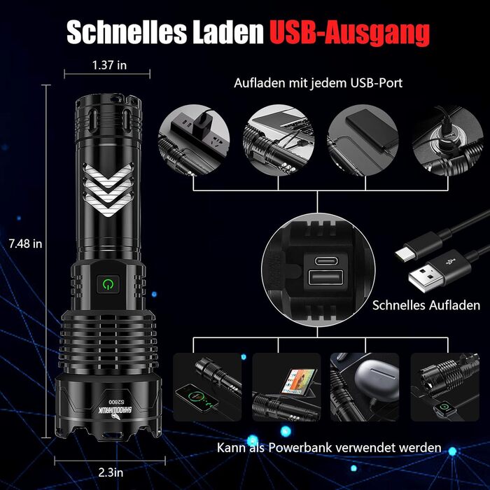 Ліхтарик Shadowhawk XHP160.2 550000 Лм, надяскравий, акумуляторний, USB-зарядка, тактичний, IP67 водонепроникний, для кемпінгу та активного відпочинку