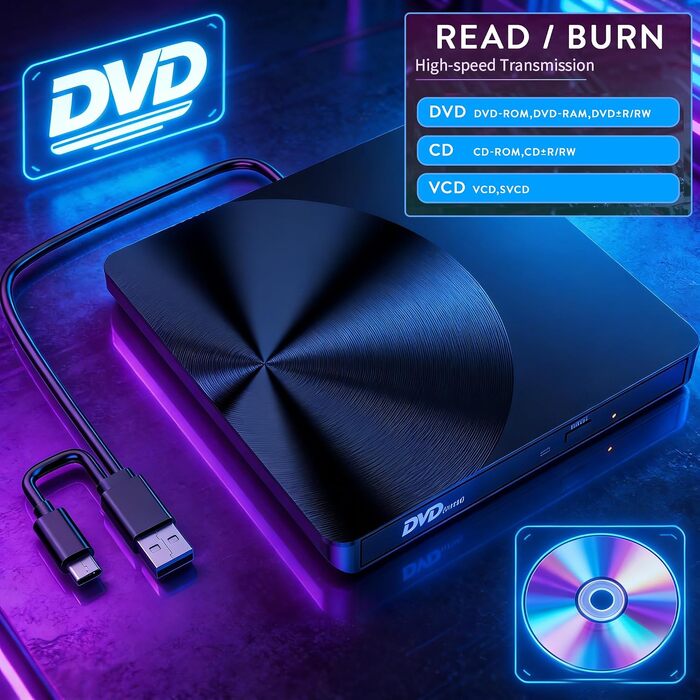 Зовнішній CD/DVD-привід USB 3.0, портативний DVD-RW записувач для ноутбука, ПК, MacBook Pro (Windows, Linux, macOS)