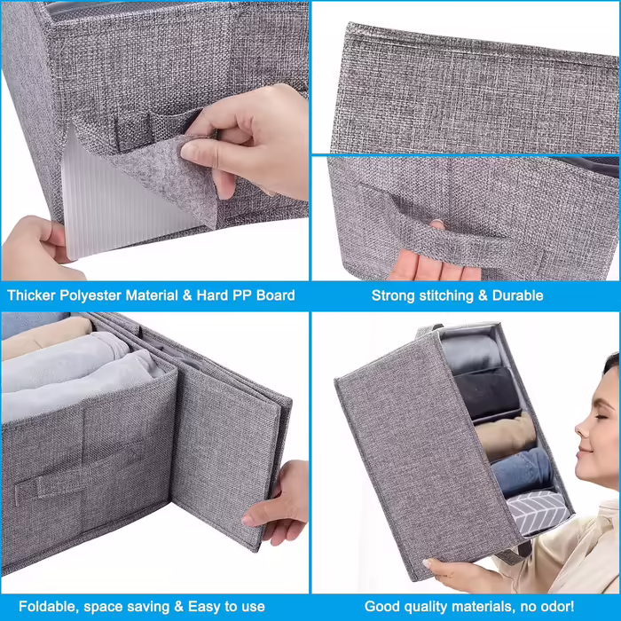 4 Piece Closet Clothes Organizer with Support Board, Foldable Jeans Organizer for Drawers, Washable Compartments, Closet Organizer and Storage Baskets for Jeans, 5 + 7 Grids, Grey (4 x 5 Compartments)