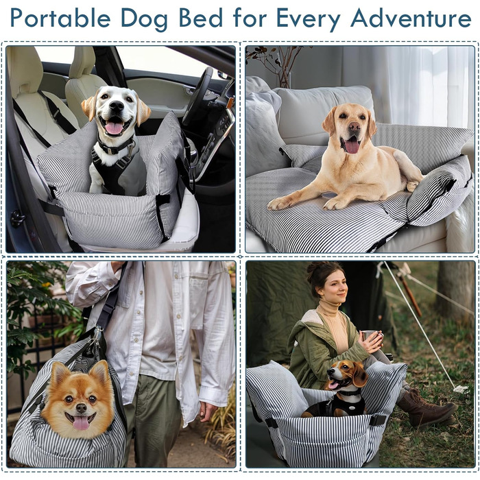 Автокрісло для собак маленьких та середніх порід (до 18 кг), з ременем безпеки та кишенями, антиковзаюча підставка, миється, морські смуги, 76x52 см
