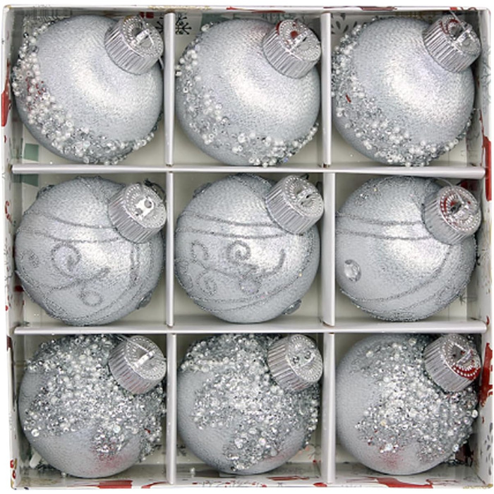 9 шт. Скляні ялинкові кулі срібного кольору з блискітками для прикраси ялинки