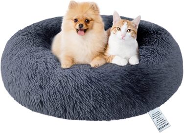 fireowl Donut Dog Bed Large Fluffy: 70cm Soothing Puppy Bed Anti-Anxiety Cat Bed - Plush Pet Bed Round Cozy Washable Gray