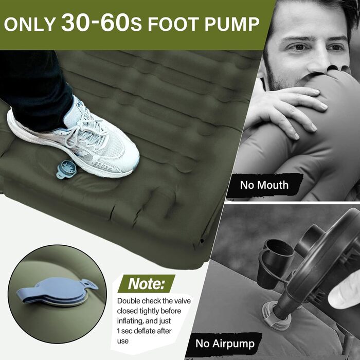 Airminti Self-Inflating Camping Mat - 12cm Thick, Lightweight Air Mattress with Foot Pump & Pillow, Outdoor Sleeping Pad for Camping, Hiking, Beach & Festival - Olive Green
