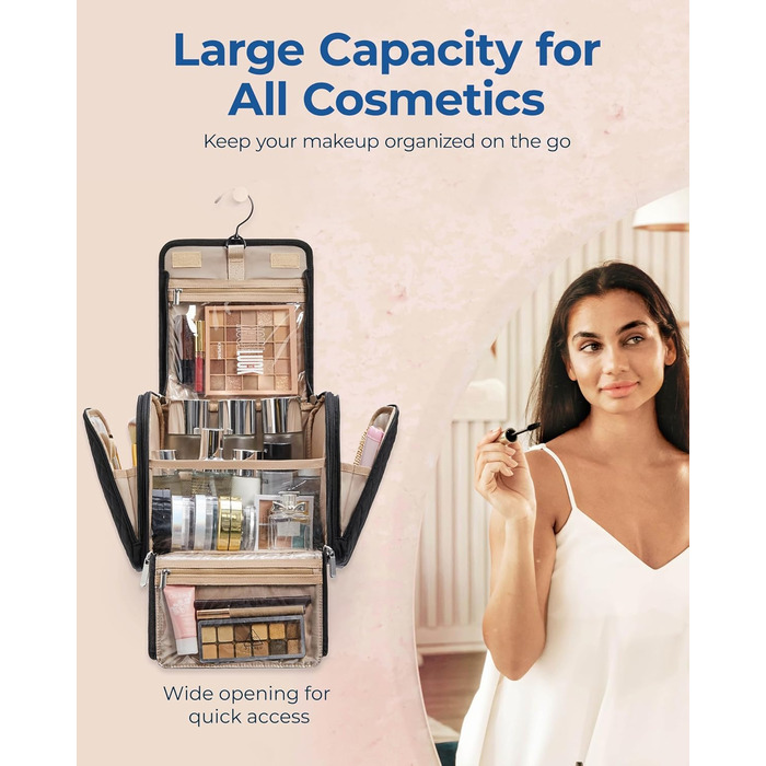 Органайзер для косметики BAGSMART, велика косметичка для жінок, чорний, з петлею для підвішування