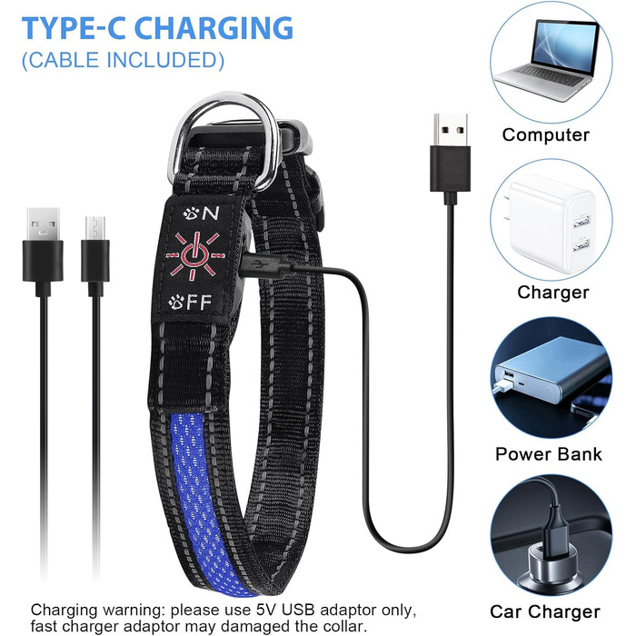 Світлодіодне нашийник для собак AUAUY, USB-зарядка, водонепроникний, регульований, 6 кольорів, розмір S (11.8-15.7'/30-40 см), колір: блакитний