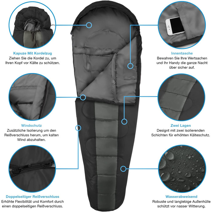 Сплячий мішок Active Era Mumienschlafsack - зимовий та літній, водонепроникний, вітрозахисний, ультралегкий, температурний режим -10°C до 10°C, компактний, для кемпінгу (чорний)