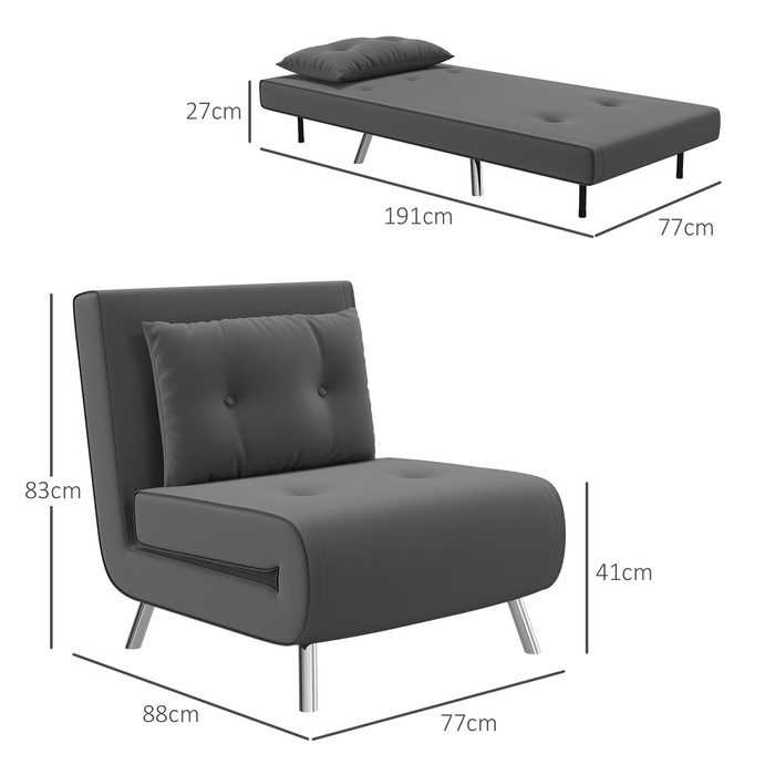 HOMCOM Sleeper Chair Folding Chair with Bed Function Dark Grey 77x88x83cm, comfortable single sofa with cushion for guests