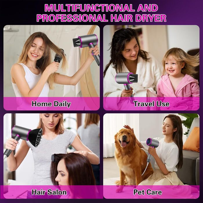 Іонізатор для волосся 2400W з кнопками холодного/гарячого повітря, 3 швидкості, 2 насадки (концентратор + дифузор), тихий фен для дому та подорожей