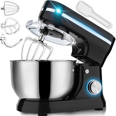 Кухонна машина Retoo 3-в-1 з нержавіючою чашею 6 л, 2000 Вт, 6 швидкостей, планетарний міксер, гак для тіста, вінчик, захист від бризок, кухонний комбайн, планетарна міксер, тістоміс