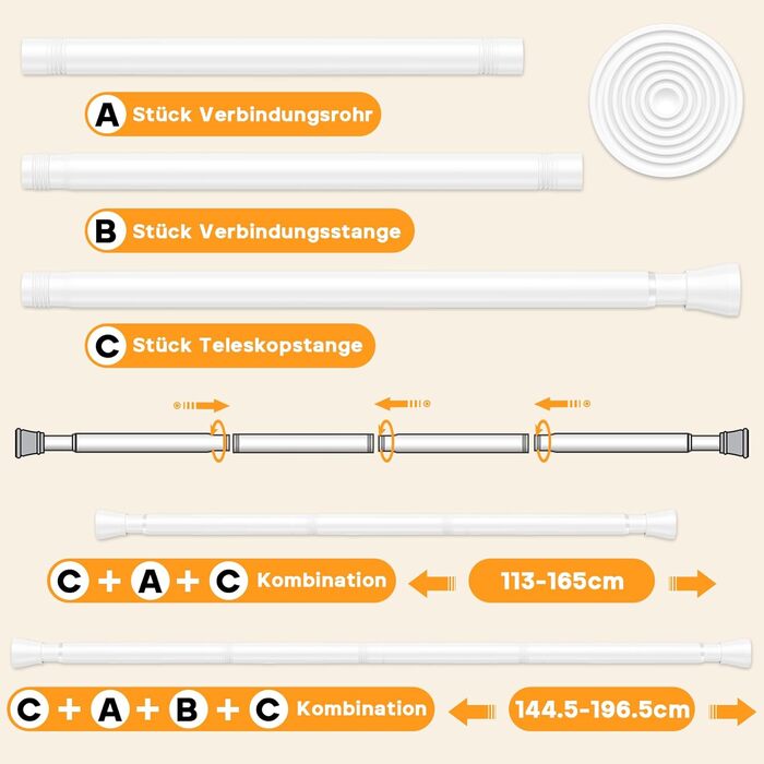 Тelescopic штанга для карнизи без свердління 120-200см - для штор, душових перегородок, вікон, ванної кімнати (1шт, білий)