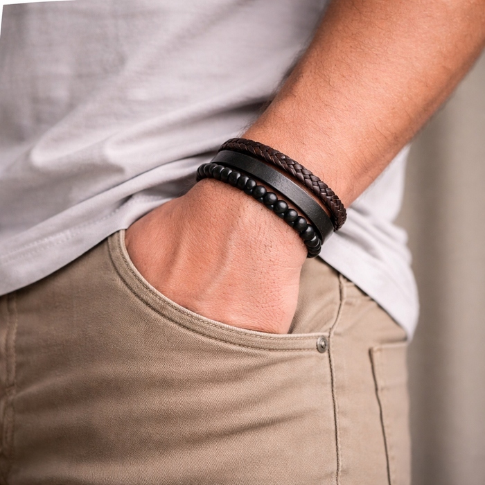 Чоловічий шкіряний браслет: товсте чорне плетіння, 19-22 см — ідеальний подарунок