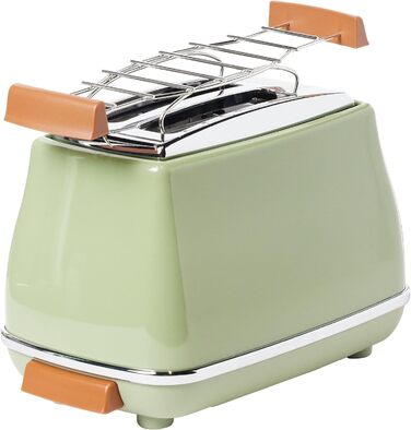 Тостер De'Longhi Icona Vintage CTOV 2103.GR Olive Green – 2 слоти, підставка для булок, 6 рівнів підсмажування, функція підігріву та розморожування, з нержавіючої сталі, ретро-дизайн