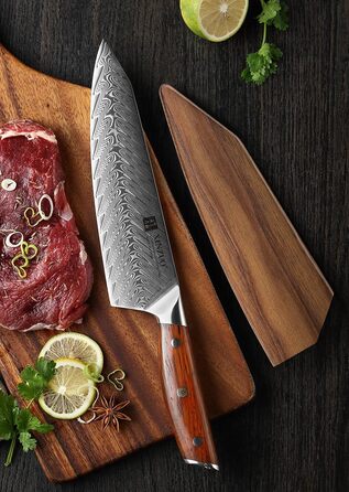 Ніж кухарський XINZUO Damaststahl Kiritsuke 21см, професійний, з ручкою з рожевого дерева, з магнітною підставкою