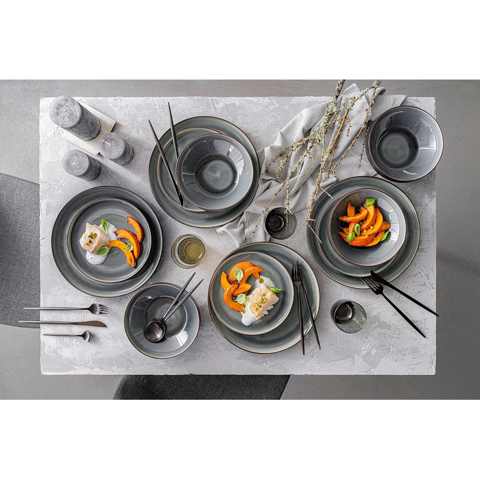Набір посуду SÄNGER Helsinki 12 предметів: тарілки для їжі, сніданку та супу (4 особи), чорний з сірим акцентом, преміум-якість