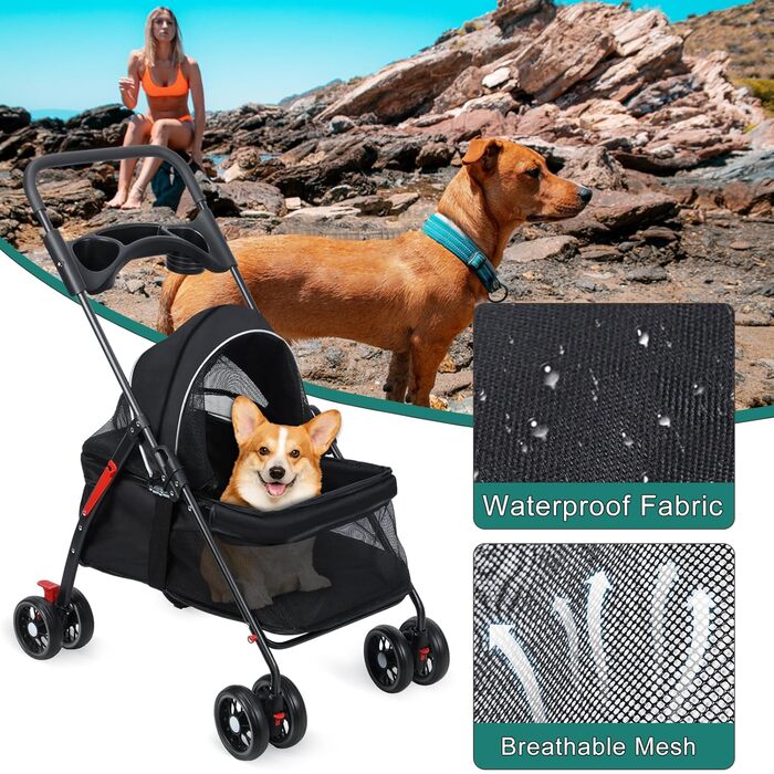 Візок для собак та котів до 15 кг, складний - візок для тварин з сіткою, гальмами та тримачем для напоїв