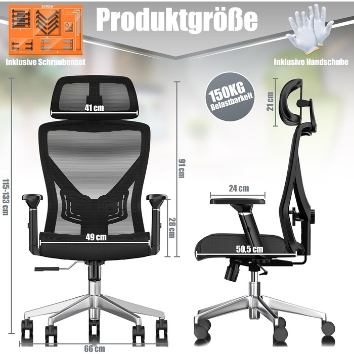 Офісне крісло KESSER® ергономічне з регульованими підлокітниками, поворотне з підтримкою попереку, з підголівником, функція гойдання до 125° з 5 колесами, чорний/срібний