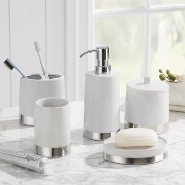 Motifeur Bathroom Accessories Set, 5-Piece Ceramic Bathroom Accessories Complete Set with Lotion Dispenser/Soap Pump, Cotton Swab Holder, Soap Dish, Tumbler, and Toothbrush Holder (White and Silver)