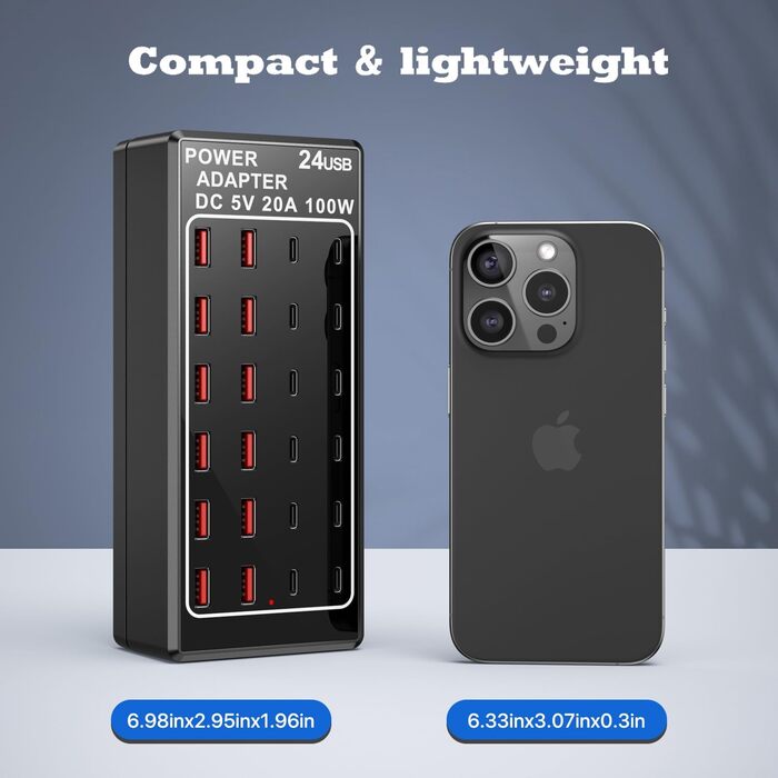 Зарядний пристрій USB-C на 24 порти 100W/20A, настільна USB-станція для iPhone, Samsung, Google, планшетів та ін.