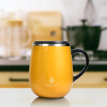 Кружка для кави та чаю Ideus 470 мл з подвійними стінками, з нержавіючої сталі, з нековзким ручним тримачем та кришкою-ковзаючою панеллю, великий об'єм (Трав'яний зелений) (Леопардовий жовтий)