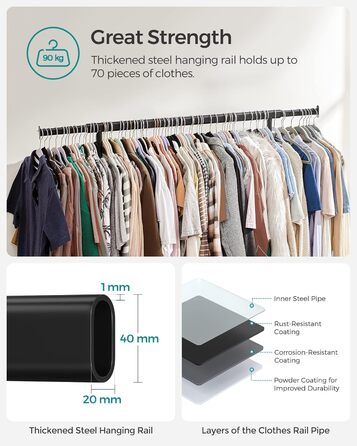 SONGMICS Heavy-Duty Clothes Rack, 2-Piece Set, Rolling Garment Rack, Holds up to 90 kg, with Extendable Closet Rod, Folding Base, Storage for Boxes, HSR013S02 (Black)