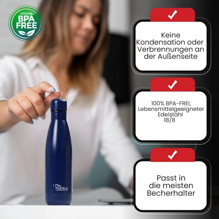 Термос-пляшка з нержавіючої сталі Otto Koning - двостінна вакуумна ізольована термопляшка. Зберігає напої холодними до 24 годин та гарячими до 12 годин. Безпечна, BPA-free (Морська синя, 500 мл)
