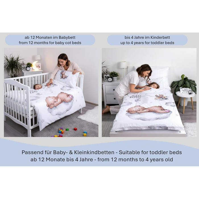Комплект постільної білизни для дитячого ліжечка: комплект постільної білизни для малюків, постільна білизна для дитячого ліжечка 100x135 см + наволочка 40x60 см з бавовни, сертифікат Öko-Tex Standard, для хлопчиків та дівчаток (ведмедик Тіша)
