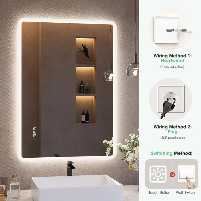 Дзеркало для ванної кімнати S'bagno з підсвічуванням 80x60 см, Bluetooth, протитуманне покриття, 3 кольори, регулювання яскравості, пам'ять налаштувань, загартоване скло, водонепроникність IP44, горизонтальне/вертикальне встановлення M66 (Bluetooth)