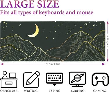 HAUTOCO Килимок для миші ігровий XXL 800x300 мм, чорний, з абстрактним дизайном (Гора та Місяць)