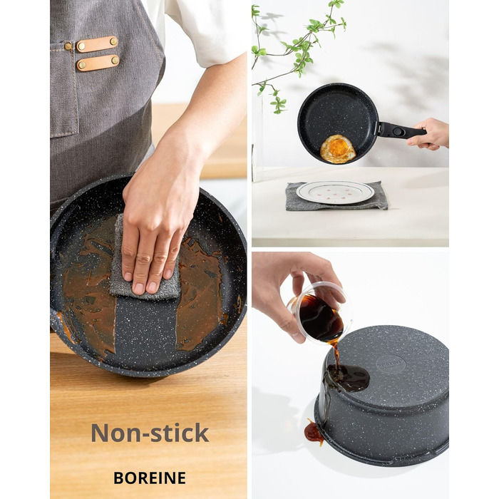 Набір посуду BOREINE 14 предметів: каструлі та сковороди з антипригарним гранітним покриттям (PFOA-free), знімні ручки, для всіх типів плит (індукція, склокераміка, газ, духовка), коричневий