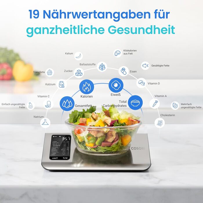 Cosori Digital Kitchen Scale with Nutrition Tracking - 5kg Stainless Steel Food Scale for Weight Loss - Tracks 19 Nutrients & Calories