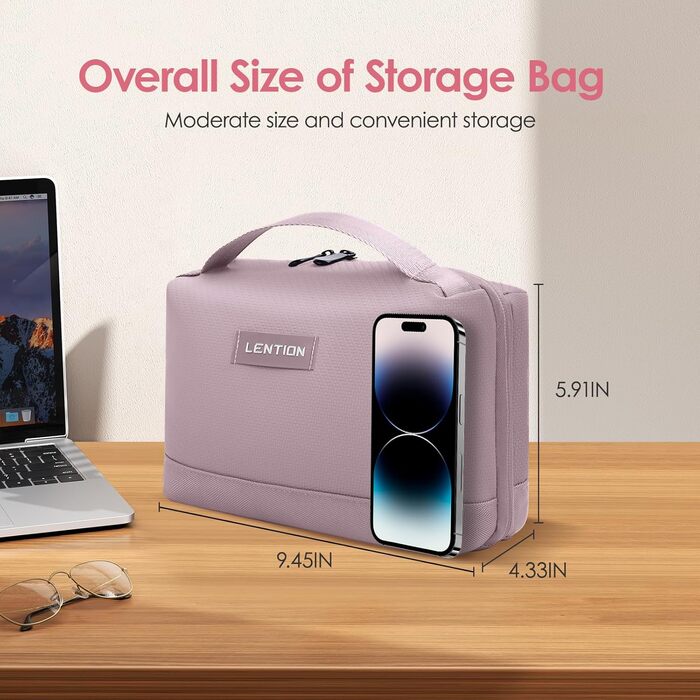 LENTION Cable Organizer Bag, Electronics Travel Cable Bag, Tech Pouch, Travel Cable Bag for Charging Cables, External Hard Drive, USB Hub, Charger, SD Card, Everyday Items (Pink)