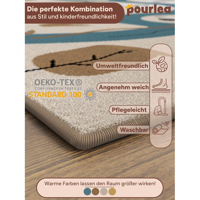 Дитячий килимок pourlea® двосторонній, Oeko Tex, з антиковзкою підкладкою, 140x200 см, ігровий килим Safari та автодороги, для дитячої кімнати, бежевий