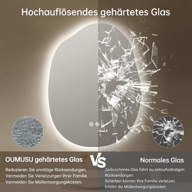 Дзеркало для ванної кімнати з підсвічуванням, арочне, без рами, 50x75 см. Антизапарник, сенсорне управління, регулювання яскравості, 3 кольори світла
