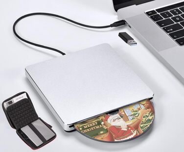 Зовнішній DVD-накопичувач для ноутбука: Портативний USB CD/DVD привід та записувач для Mac, MacBook, PC, Windows (Сріблястий)